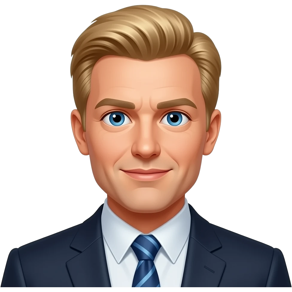 homme, cheveux blons, yeux bleus, en costume emoji