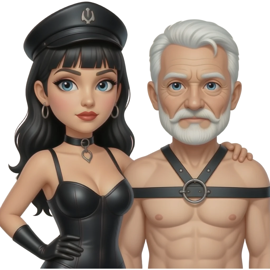 Black dominatrix teasing a White old slave in chastity emoji