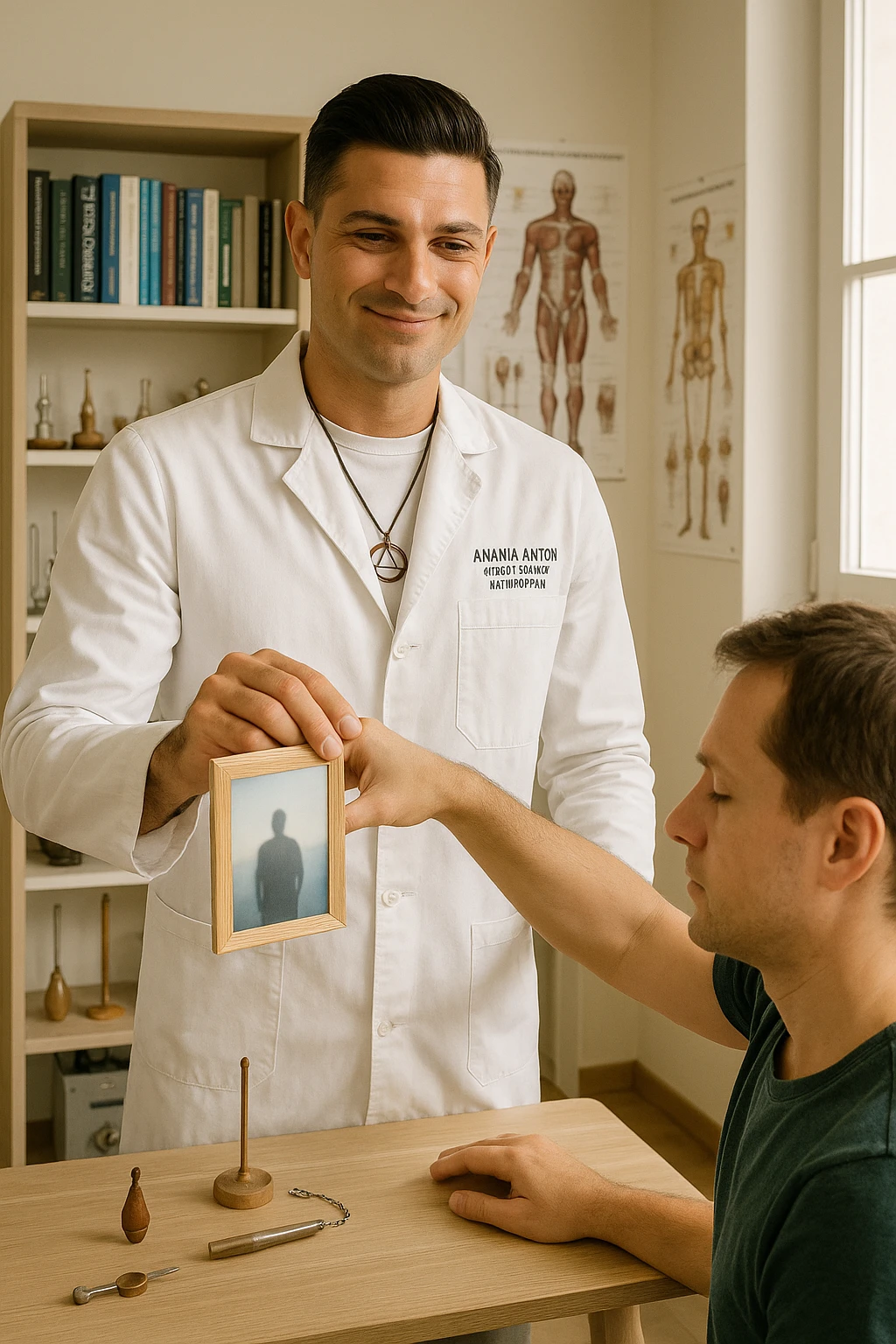 a middle-aged man, dressed in casual professional attire, is in a bright, organized therapy studio. Durante una visita di kinesiologia, il praticante tiene con una mano la foto di una persona lontana (il “testimone”) appoggiata su un tavolo, mentre con l’altra mano esegue un test muscolare su un cliente presente. Sullo sfondo si vedono libri di kinesiologia, poster anatomici e strumenti tipici della disciplina. L’atmosfera è concentrata e serena, con luce naturale che entra dalla finestra, sottolineando l’aspetto alternativo e umano della pratica. emoji