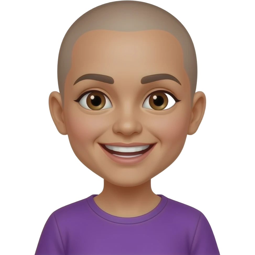 Mexican girl brown eyes whos bald snd and had a wide smile showing both sides of her teeth every single tooth purple shirt  push her hairline back emoji