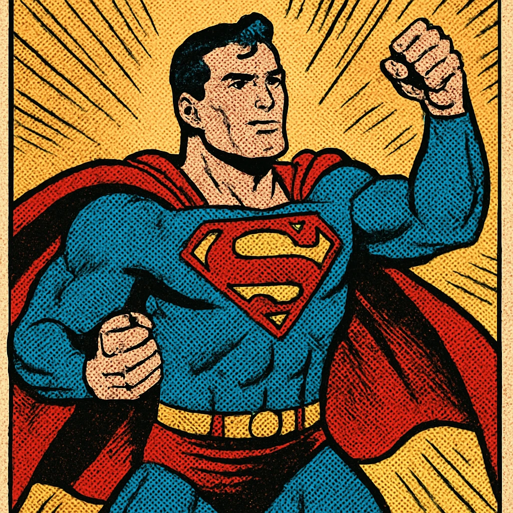 Superman, classic superhero pose, vibrant comic book style emoji