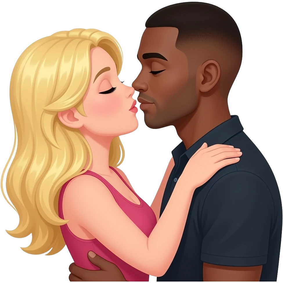 Blonde woman making love to black man with shaved head emoji