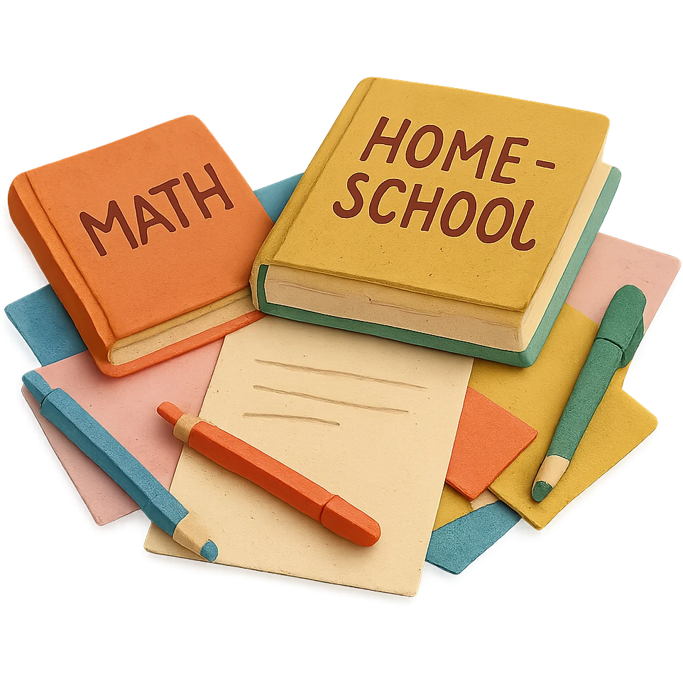 cartoon style scene with lots of paper, pens, and homeschool books spread out on a table emoji