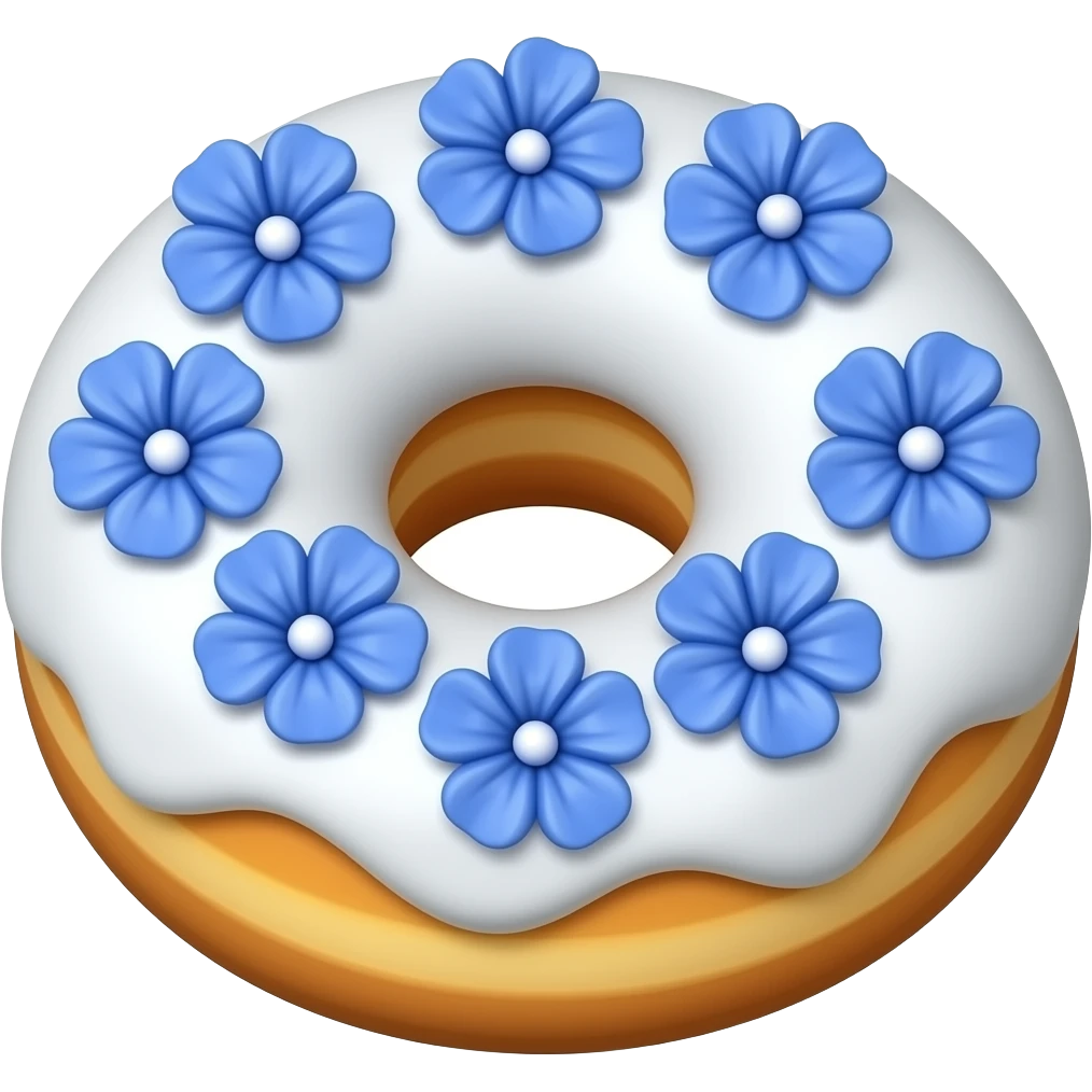 doughnut with white frosting decorated with blue flowers with long petals emoji