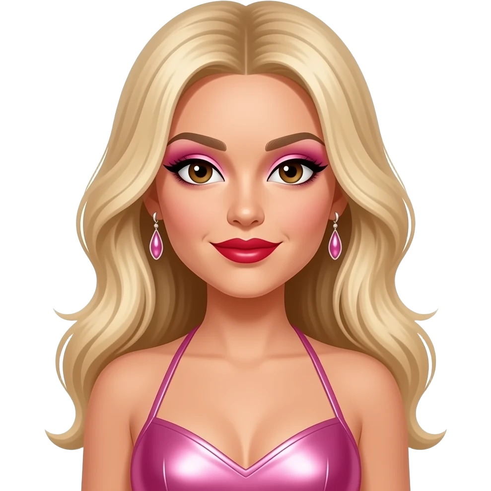Ashley Roberts from The Pussycat Dolls with brown eyes, long blonde 2000s hair, pink eyeshadow, red lipstick, pink metallic halter dress, earrings emoji