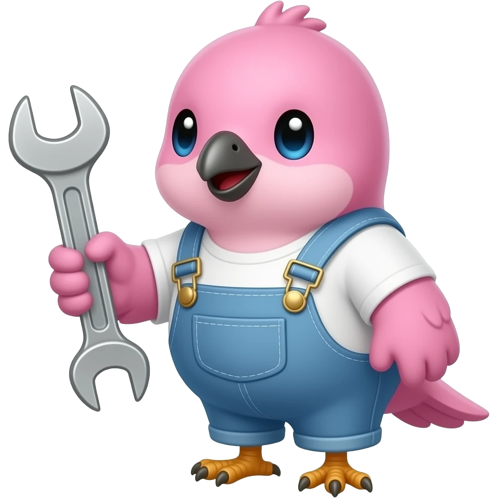 lovable small pink bird in a kawaii style holding a spanner ready to do mechanical work. the image must be a transparent .png emoji