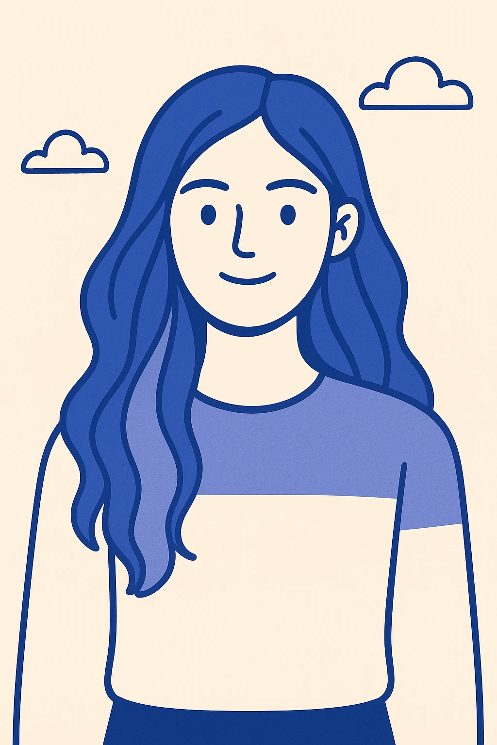 long haired brunette colored hair girl, neutral expression, upper body, simple background, modern illustration style emoji