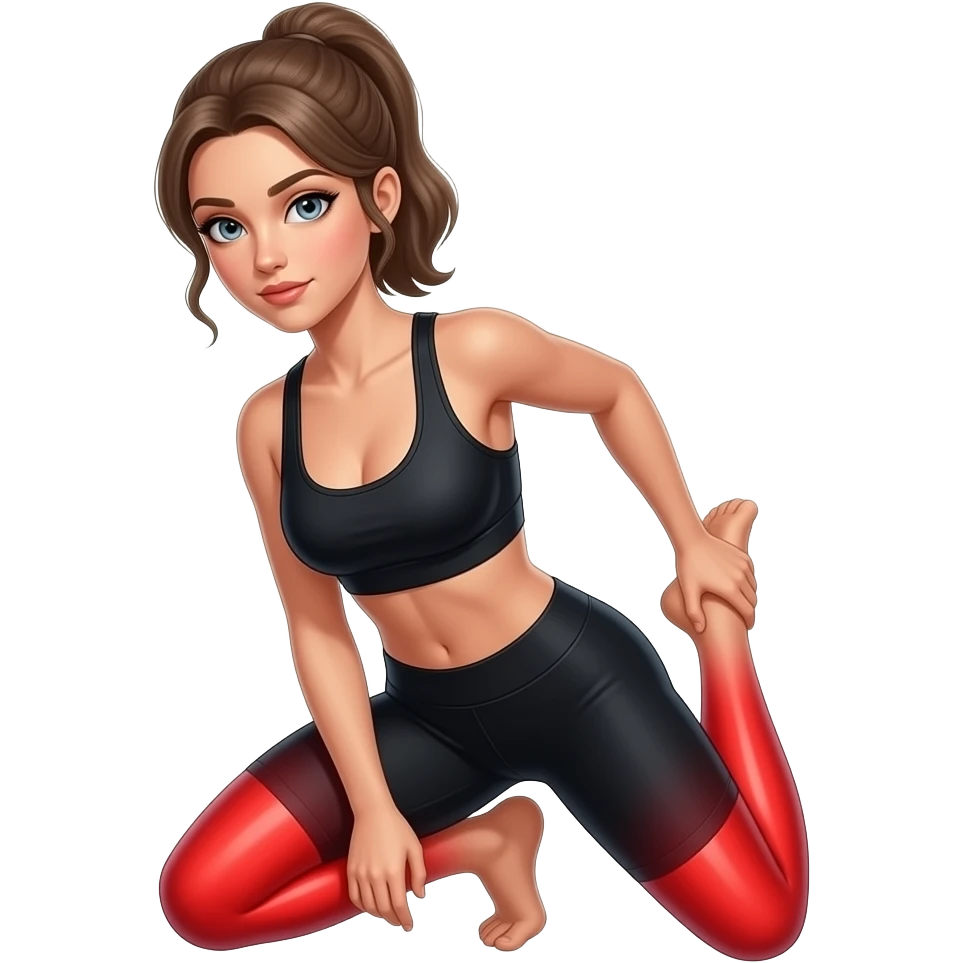 leg pain, full red glow covering both legs from hips to feet, woman holding one leg, fair-skinned woman, gray-blue eyes, ash brown brows, ash light brown hair tied back, slim athletic body, black workout set emoji