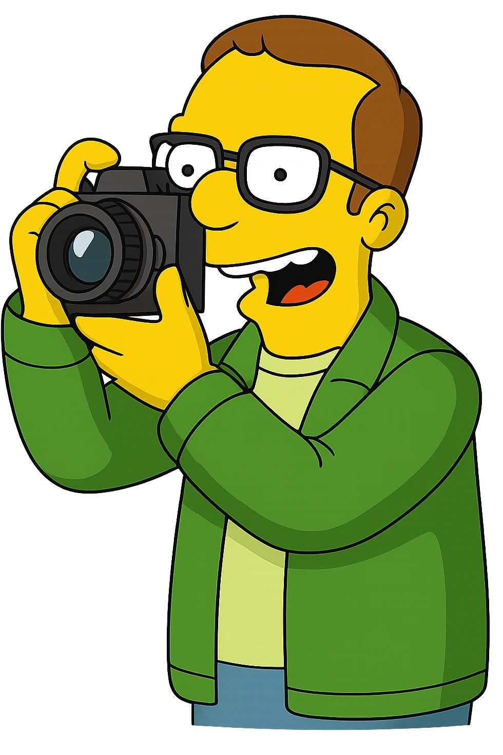 Simpsons-style photographer, yellow skin, green jacket, glasses, taking a photo, cartoon look emoji