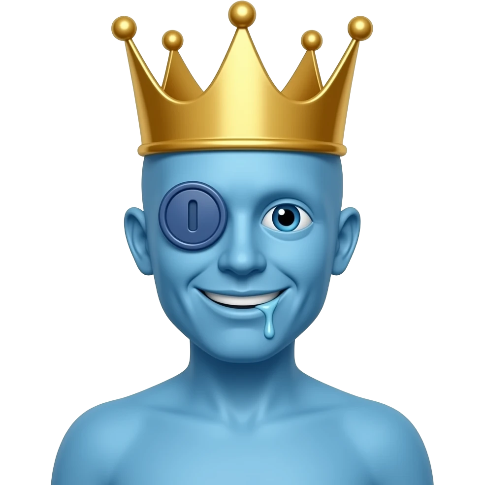 A blue guy with a button for an eye he’s smiling and drooling and he has a crown emoji