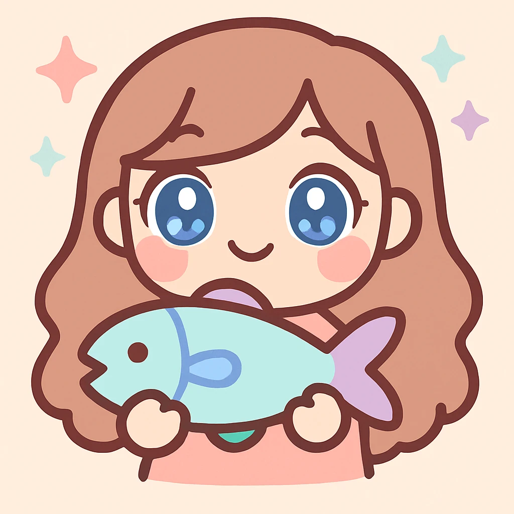 Make the girl more chibi style, give her blue eyes, and make her look slightly older (not too young), keep her holding a fish, digital art, kawaii style, twitch emote. emoji