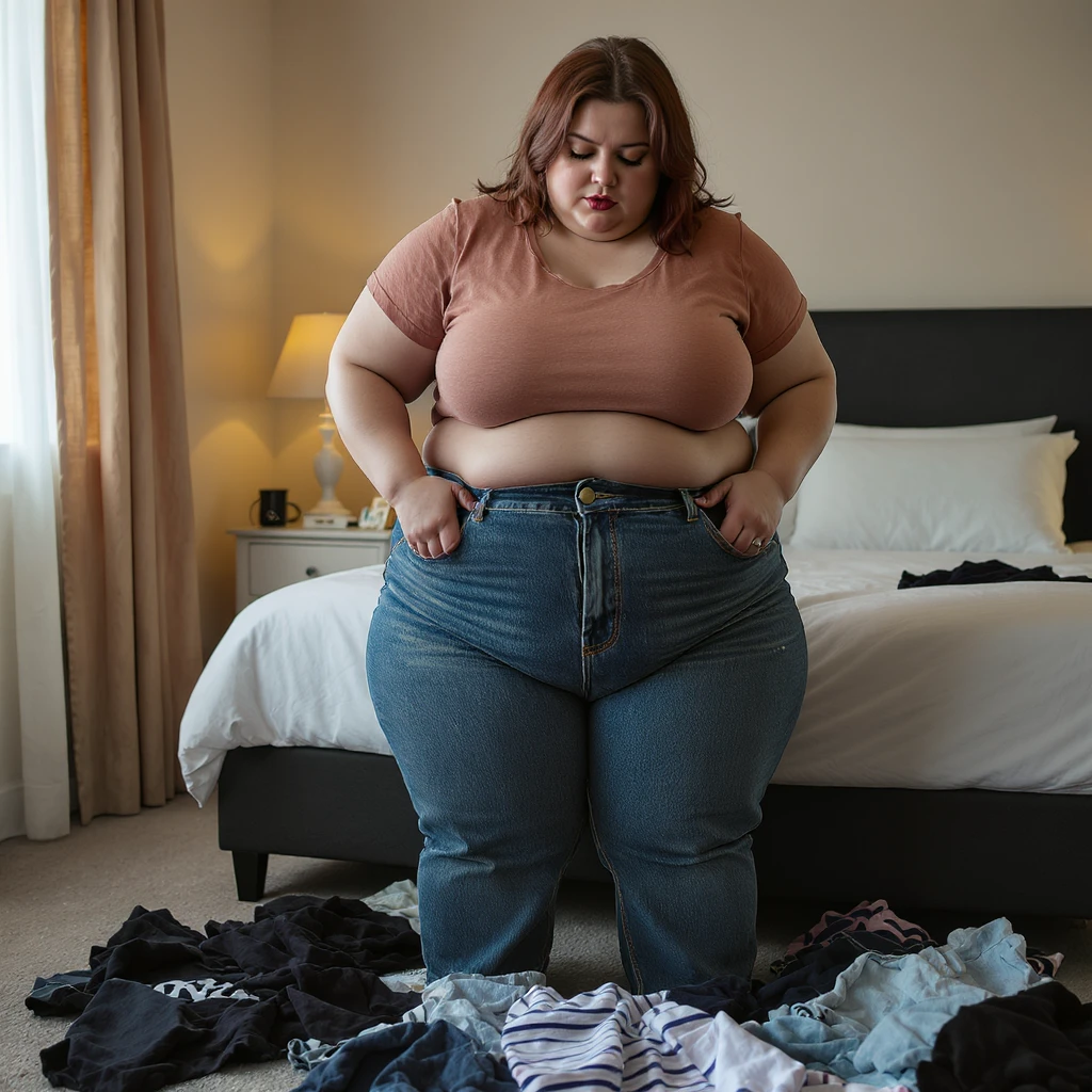 realistic plus-size woman in bedroom, trying to pull jeans over very swollen thighs, seams bursting like popped balloons, clothes scattered on the floor, vertical photo emoji