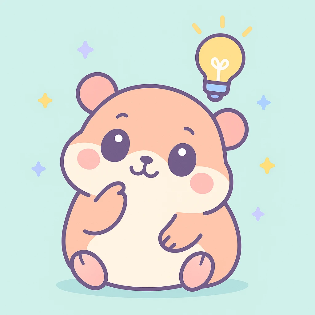 chubby hamster sitting, paw on chin, with a glowing idea bulb, kawaii illustration emoji