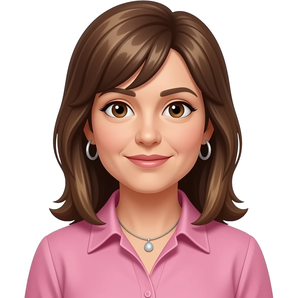 woman in 40s  ,with brown long straight highlighed hair all one length with just a bit of layering at the front, pink formal shirt with collar, wearing hoop earrings and necklace, brown eyes, hoop earrings and necklace emoji