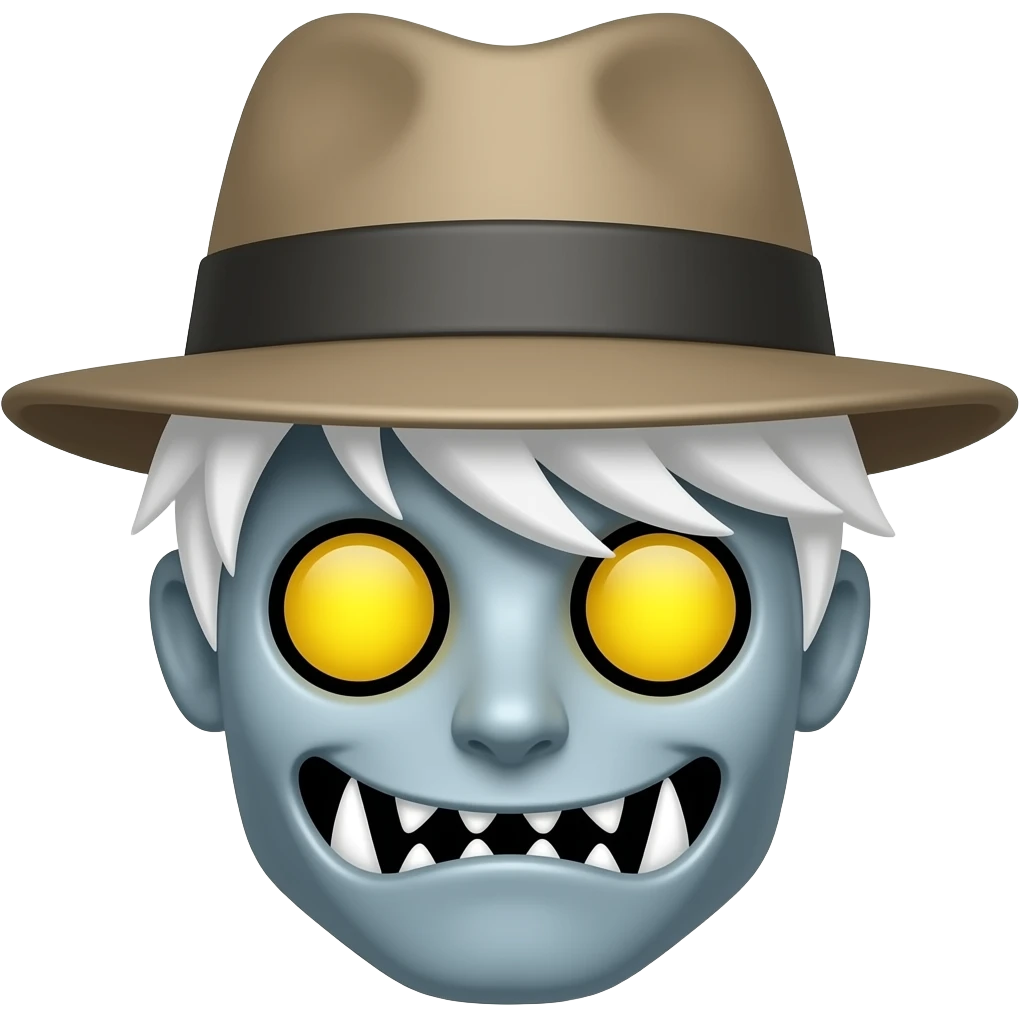 Un robot con ojos amarillos con una boca i unos dientes muy afiladas pelo blanco con ena gora otra gora emoji