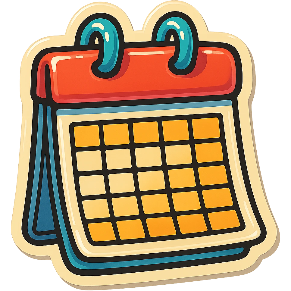 retro sticker-style image of a wall calendar with a visible month grid, bold outlines, juicy colors, expressive shadows and highlights, playful and glossy look emoji