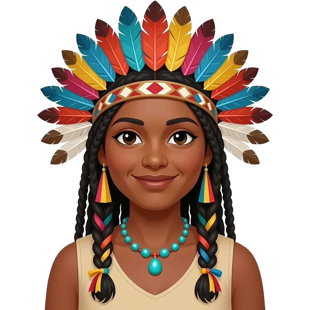 Indigenous woman black skin with a very color feather headdress smiling softly with turquoise beaded necklace wearing very long thin dread locks braided in two braids one on each side with colorful ribbons emoji