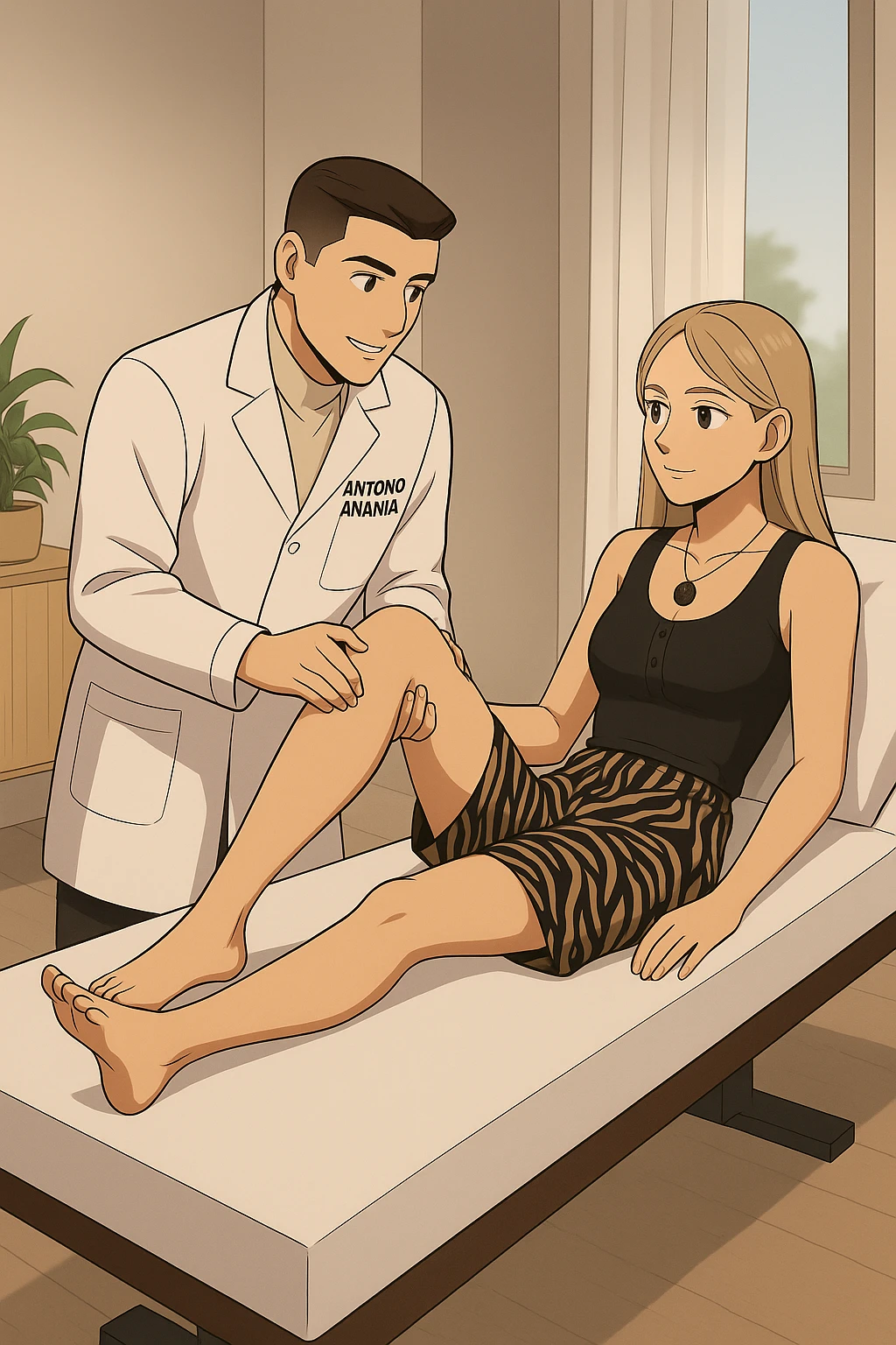fai un webtoon/manga a colori con questo kinesiologo in camice bianco (fagli la scritta "ANTONIO ANANIA" SUL CAMICE) CHE SVOLGE UN TEST NEUROMUSCOLARE SOLLEVANDO UNA GAMBA ALLA RAGAZZA CHE è STESA SU UN LETTINO BIANCO. STANZA SEMPLICE E MODERNA, DURANTE IL TEST I DUE DIALOGANO TRA LORO. NON FARE I FUMETTI, FAI SOLO LORO COME SE DIALOGASSERO emoji