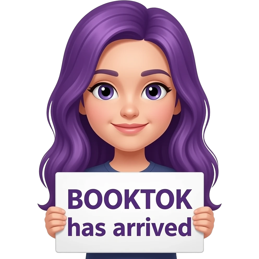 girl with long purple hair with a BOOKTOK has arrived sign emoji