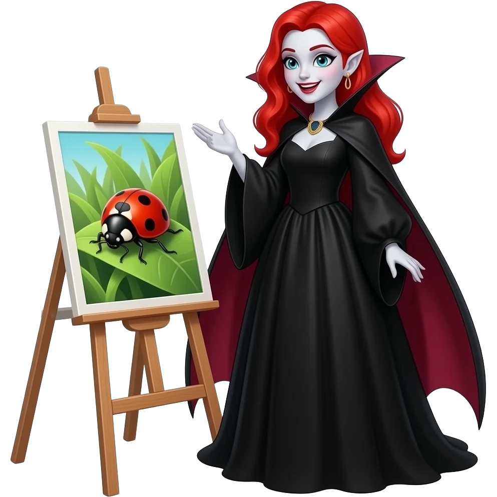 Vampiro femmina adolescente con la pelle bianca e i capelli rossi che indossa un vestito lungo e largo sotto nero e le maniche larghe e guarda una coccinella ed è felice emoji