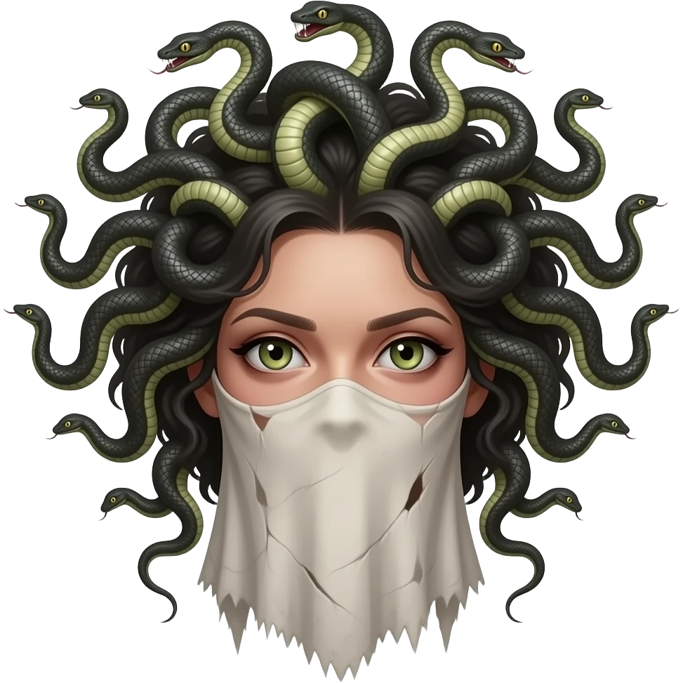 Medusa with reptilian eyes and with a head full of scary snakes Eyes wrapped by piece of clothes. emoji