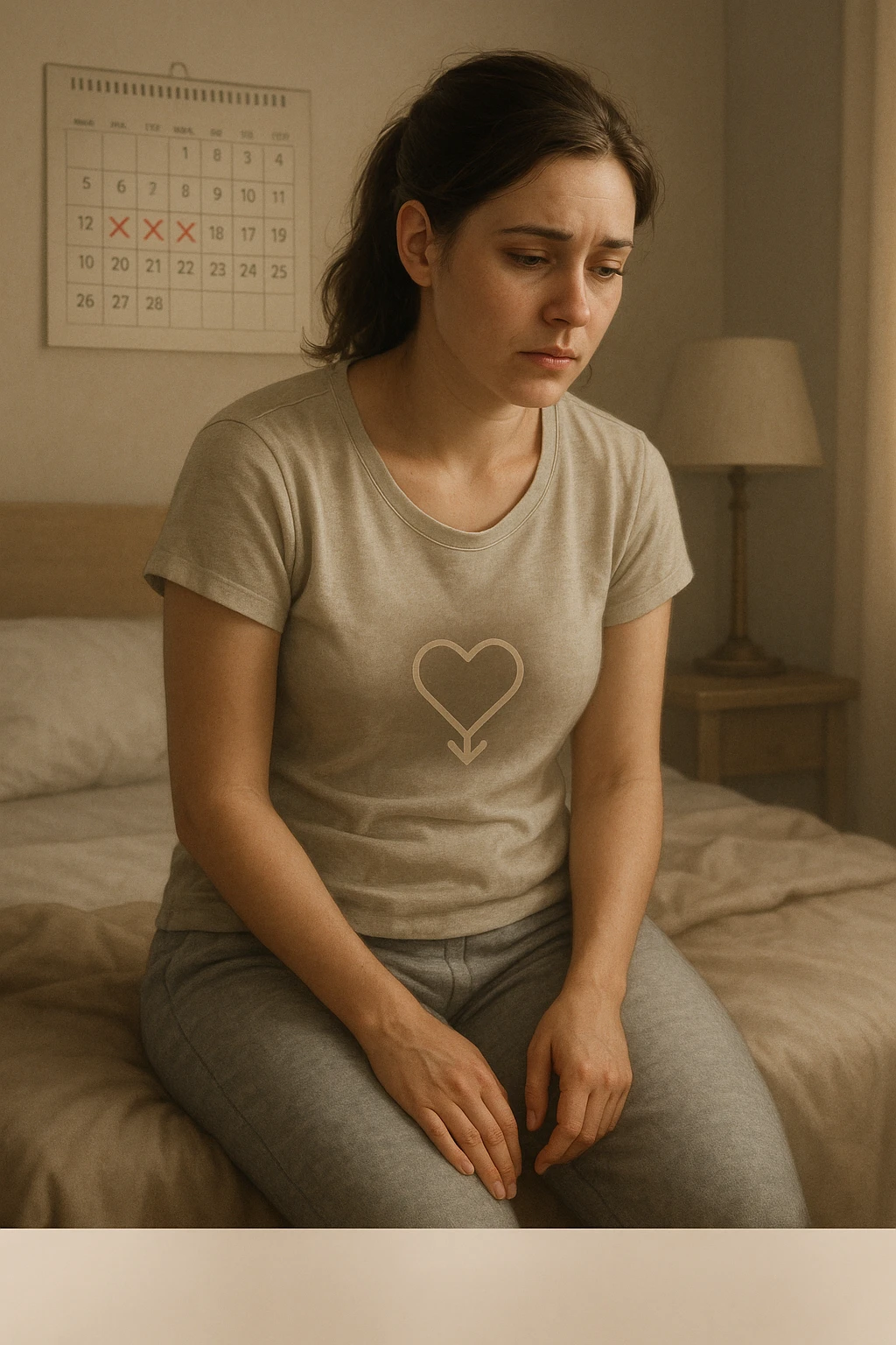 3D realistic medical illustration: a young woman in her 20s or 30s sits on the edge of a bed in a softly lit bedroom, looking thoughtful and slightly concerned. She wears comfortable loungewear, her posture is slouched, and her expression is subdued. Subtle visual cues—such as a faded calendar with missed menstrual cycles and a dimmed heart or energy icon near her abdomen—symbolize low libido and amenorrhea. The scene is realistic, intimate, and empathetic. emoji