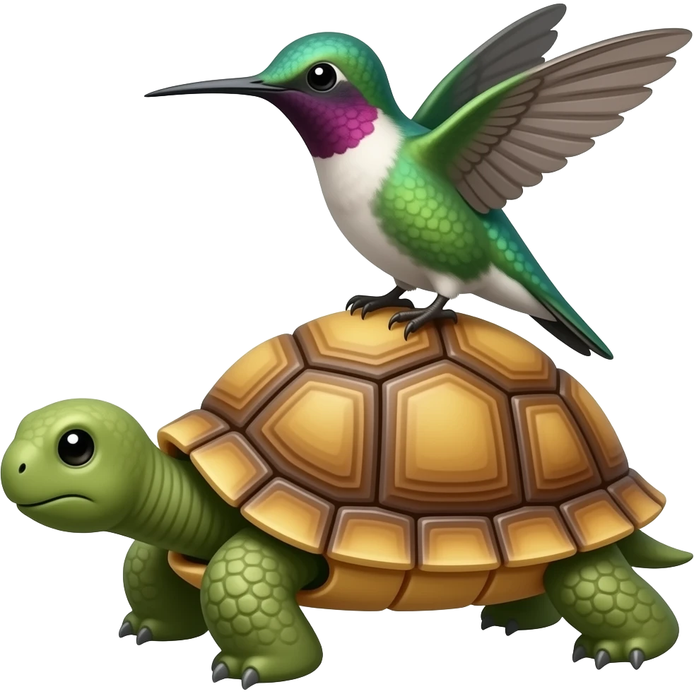 A hummingbird standing on a turtle emoji