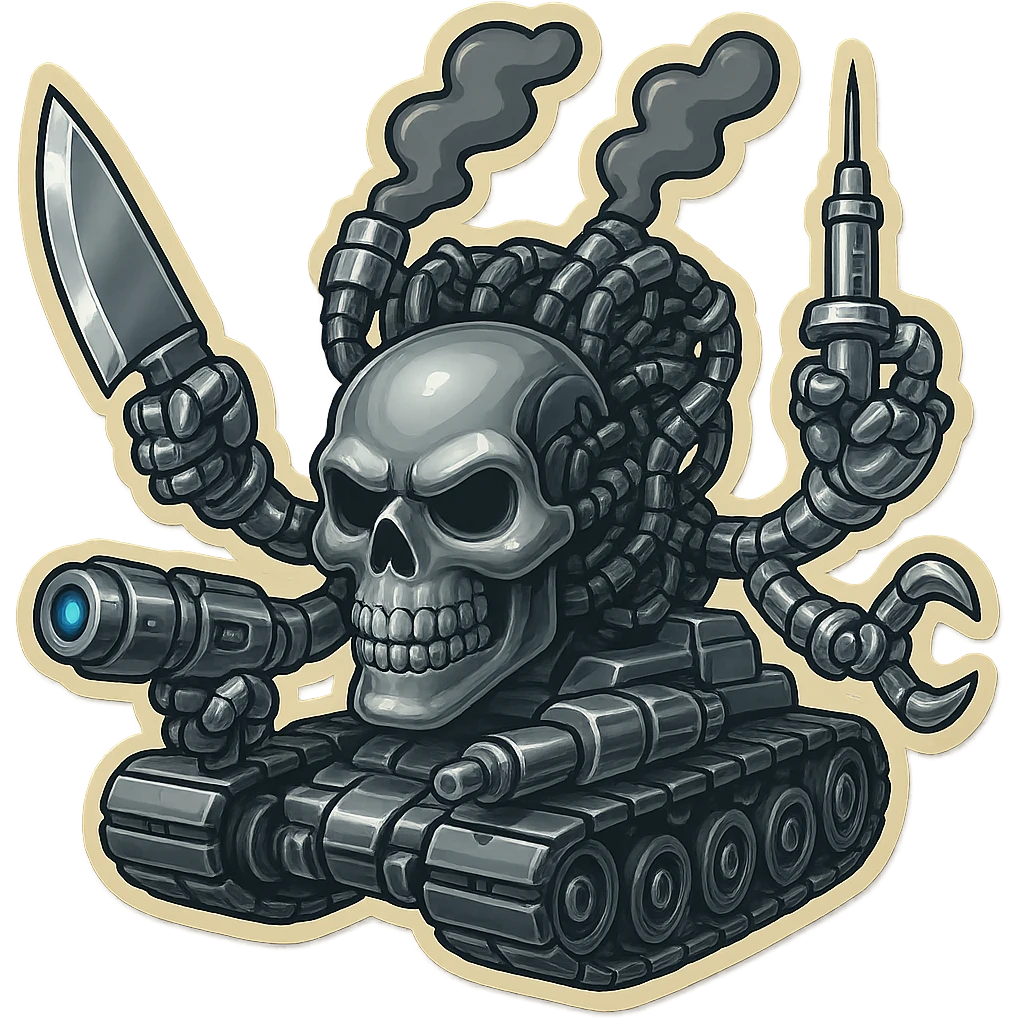 Create a skull robot tank with 4 distinct arms, each hand holding a different weapon: a large industrial blade, a blaster, a menacing syringe, and a claw. The exterior metal is extra shiny silver grey, with inside cables and tech almost black. Smoke from the top is dark shaded. The skull face is dropped down even lower and forward, matching the attached reference. Use retro stickers style with clean outline, compact proportions, and transparent background. emoji