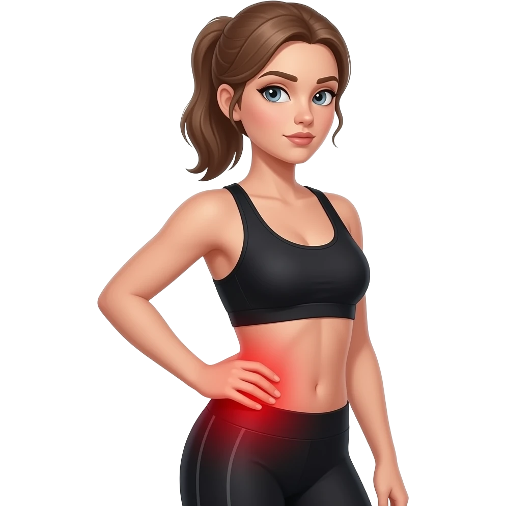 glute pain, full red glow covering the entire glute and hip area, side pose, woman touching hip and glute area, fair-skinned woman, gray-blue eyes, ash brown brows, ash light brown hair tied back, slim athletic body, black workout set emoji