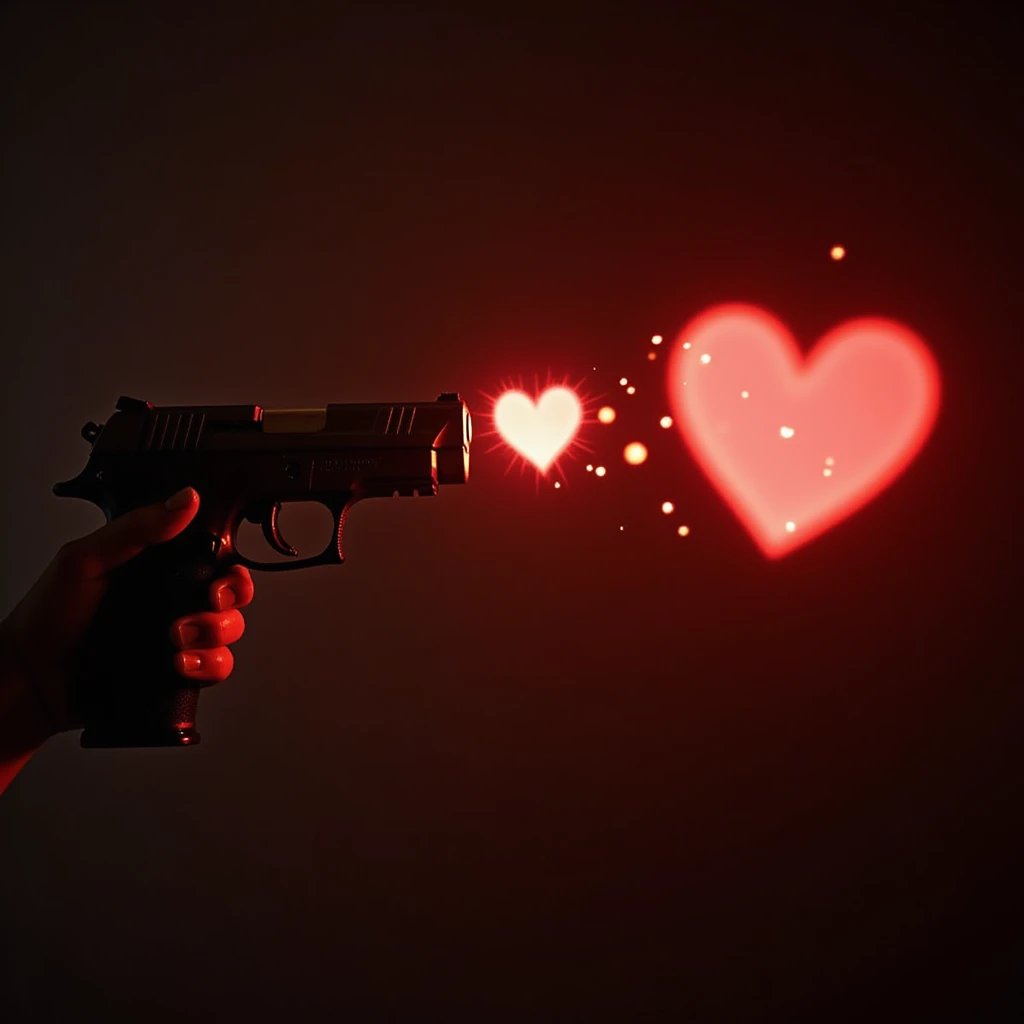 a handgun firing glowing heart-shaped bullets, photorealistic style emoji