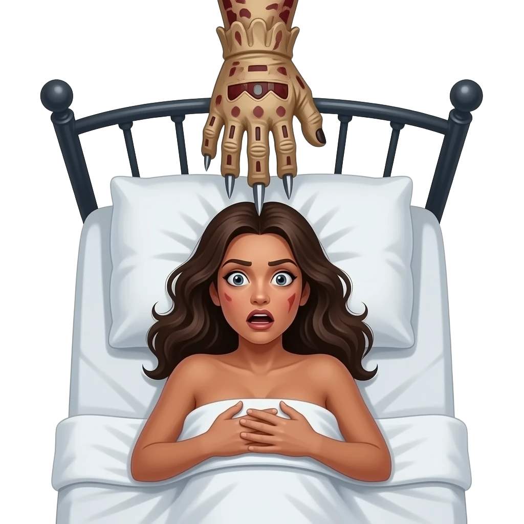top view of a deeply tanned naked woman lying in bed clutching the bed sheets looking at the camera and is terrified by a dream of a giant freddy krueger's glove with knife blades fingertips reaching down directly above her head emoji