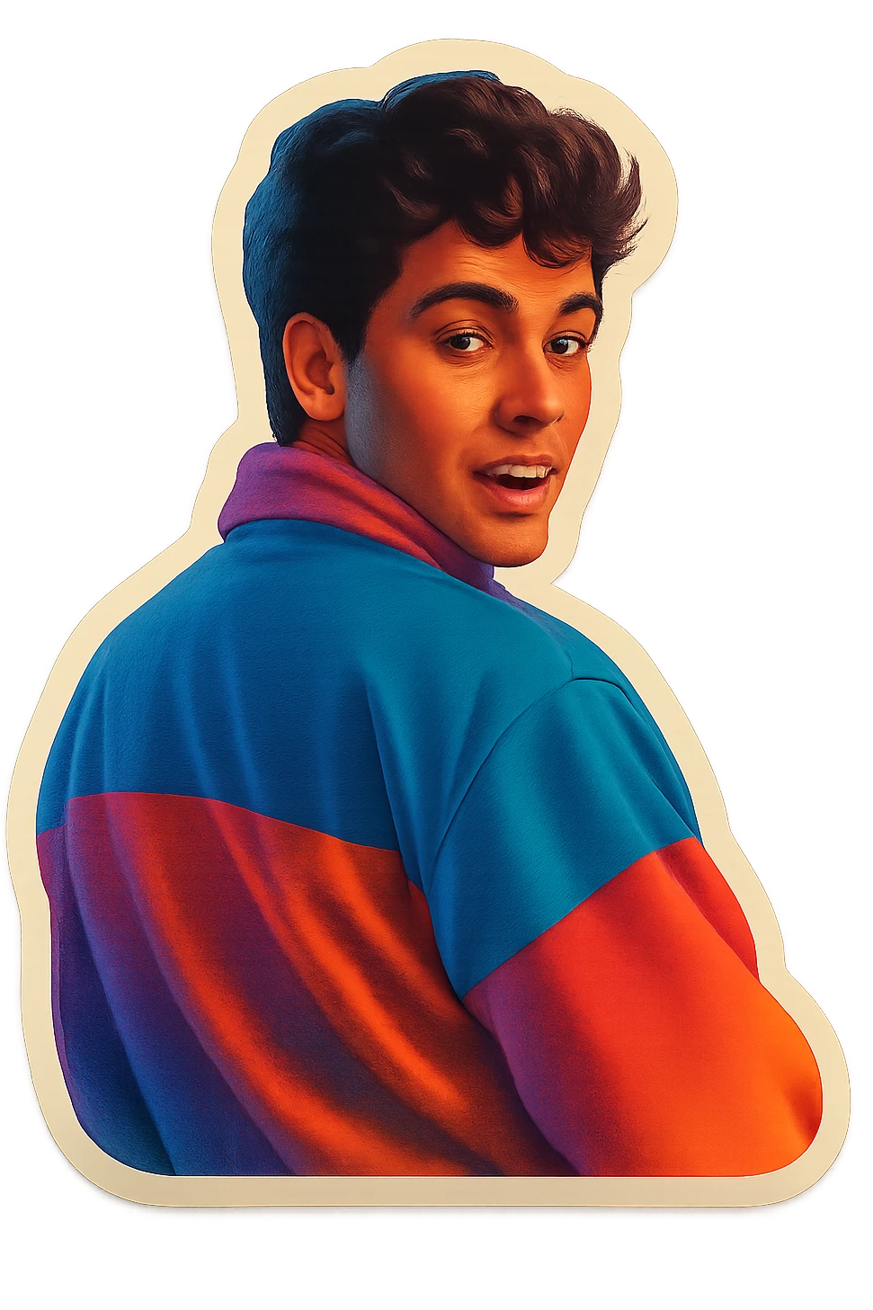 poster inspired by the reference photo, retro stickers style, no text, looking over his shoulder emoji