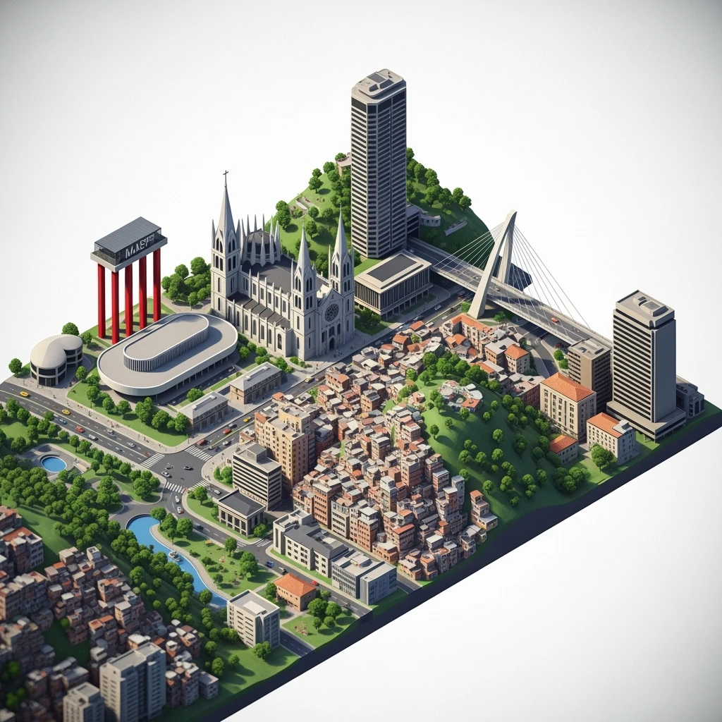 Isometric miniature of São Paulo Catedral da Sé, MASP on red pillars, Octávio Frias Bridge, and Altino Arantes building, favelas on hillsides, dense chaotic urban blocks, and green parks 3D miniature effect and Tilt Shift effect, no cartoonish look, transparent background. emoji