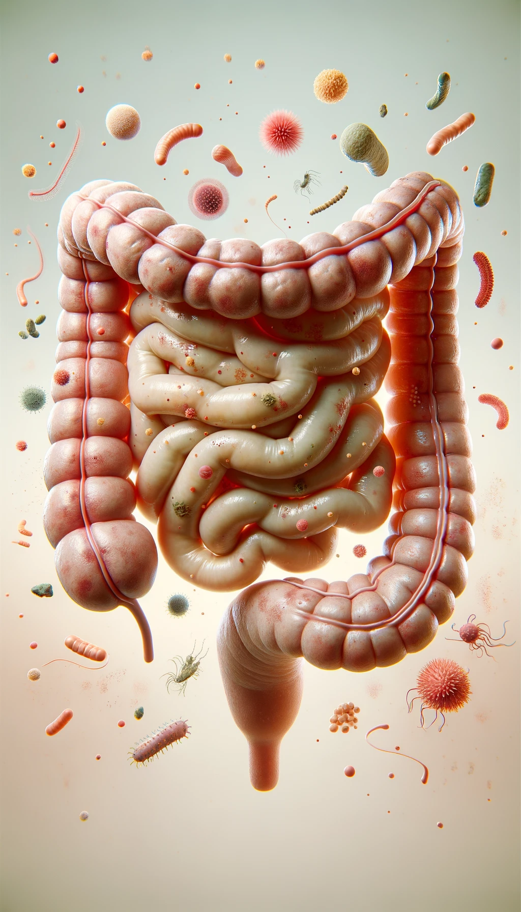 intestino umano realistico con batteri e parassiti che gli fluttuano intorno, sfondo chiaro, iperrealistico 4k emoji