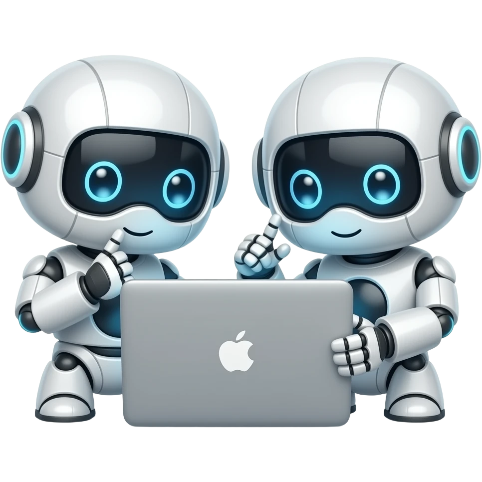cute 3 robots use 1 mac book -- acting link it look for sth and thinking emoji
