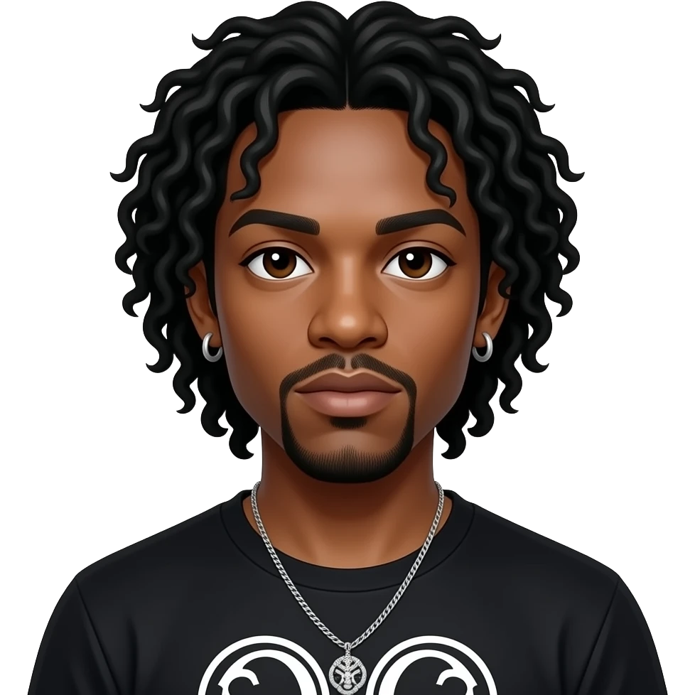 Krayzie Bone from Bone Thugs-n-Harmony with dark brown eyes, black wavy hair, black metallic t-shirt, necklace and earrings emoji