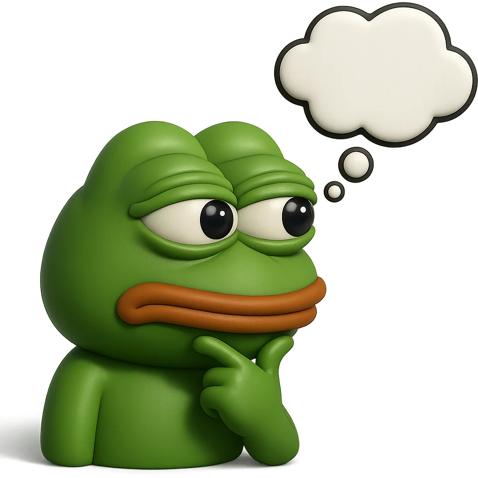 make a pepe with thought bubble looking at left side in 3d style, good highlights and shadows, drop shadows  emoji