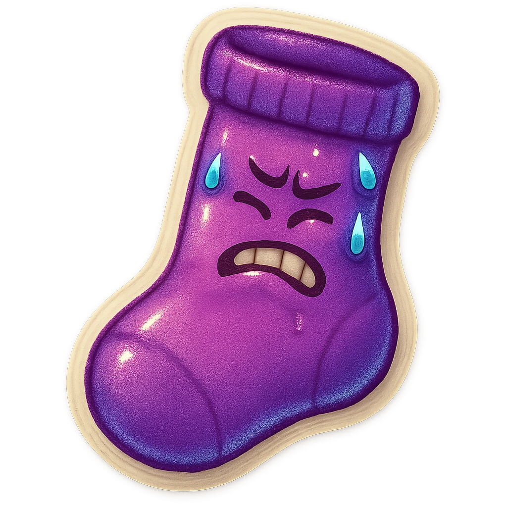 A purple sock with a tilted face, sweating, representing tilt or frustration. emoji