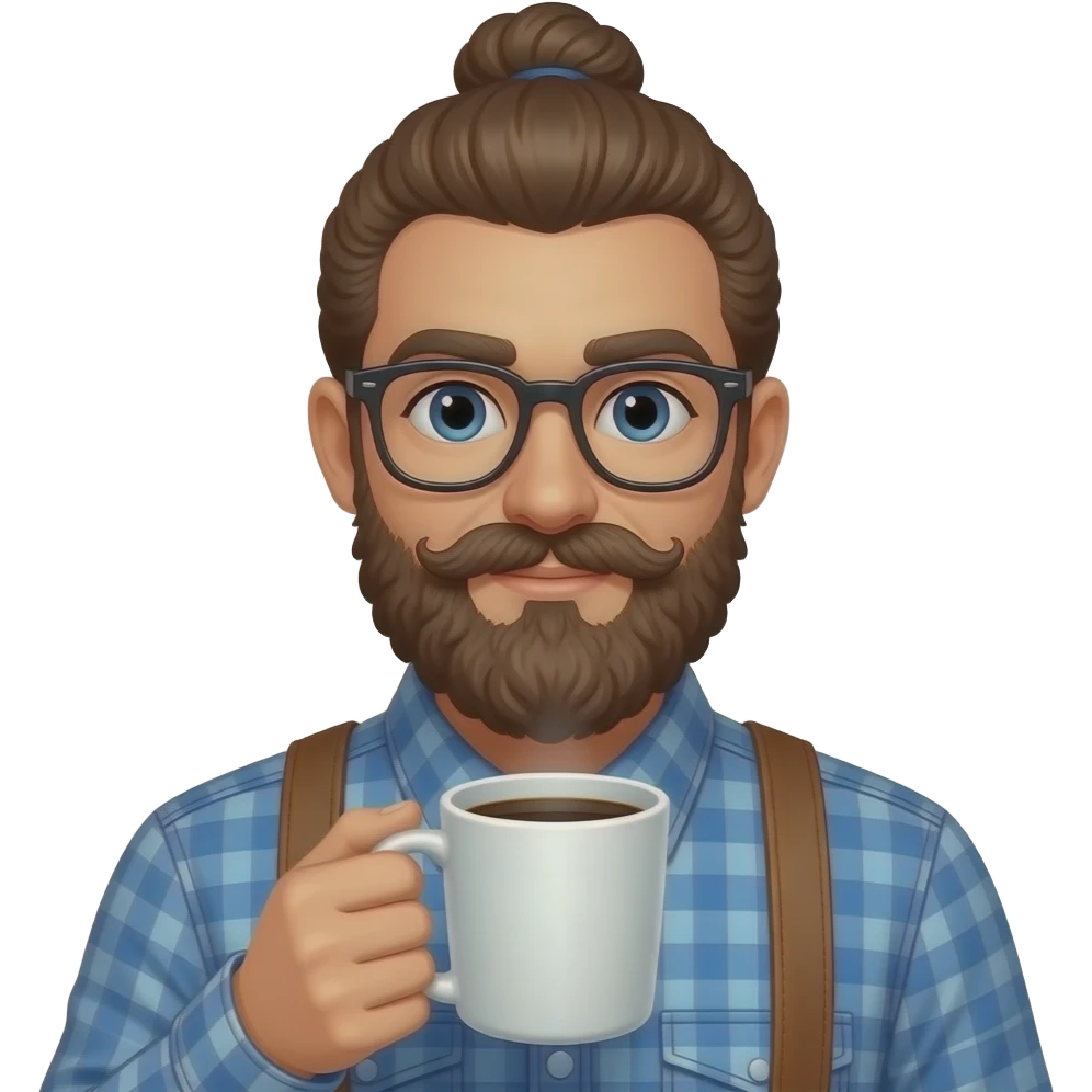 hipster with glasses and curly mustache and a man bun holding a white mug filled with black coffee emoji