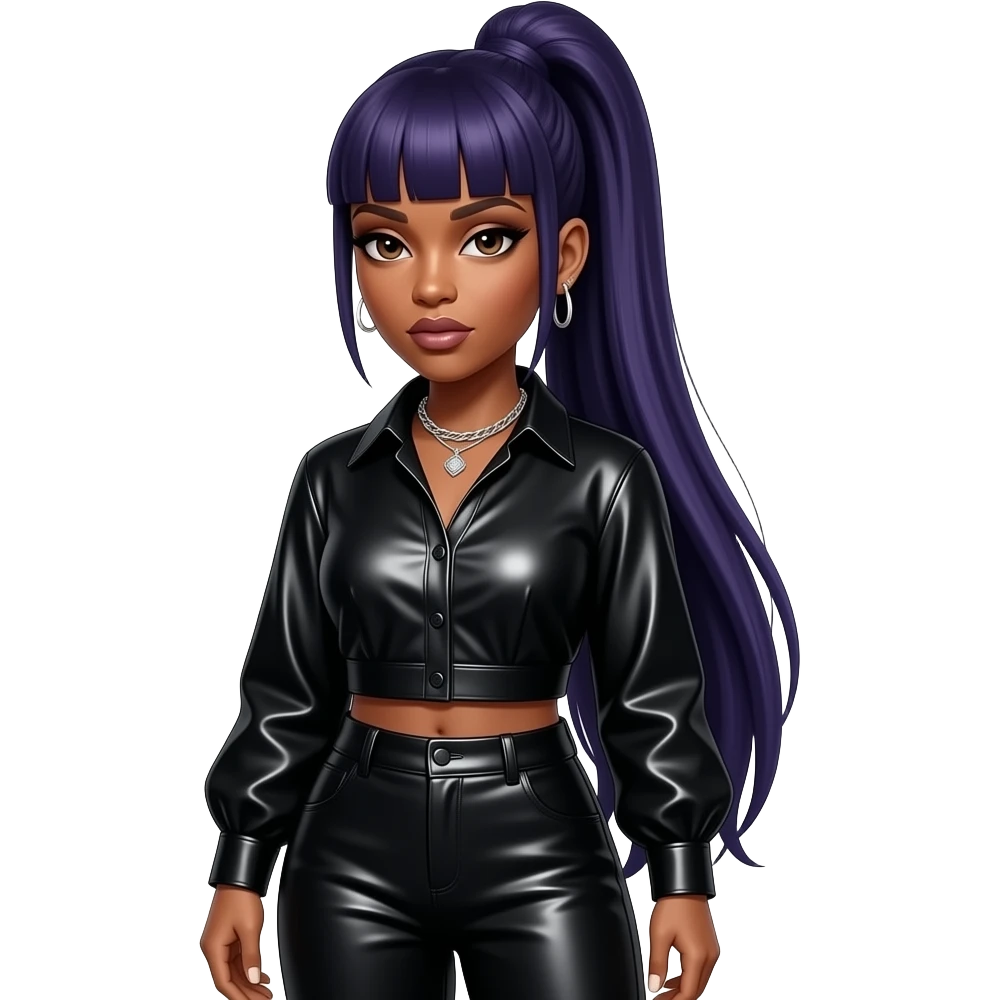 Missy Elliott with dark brown eyes, long dark indigo straight high ponytail hair with bang, black metallic blouse, black metallic long baggy pants, necklace and earrings emoji