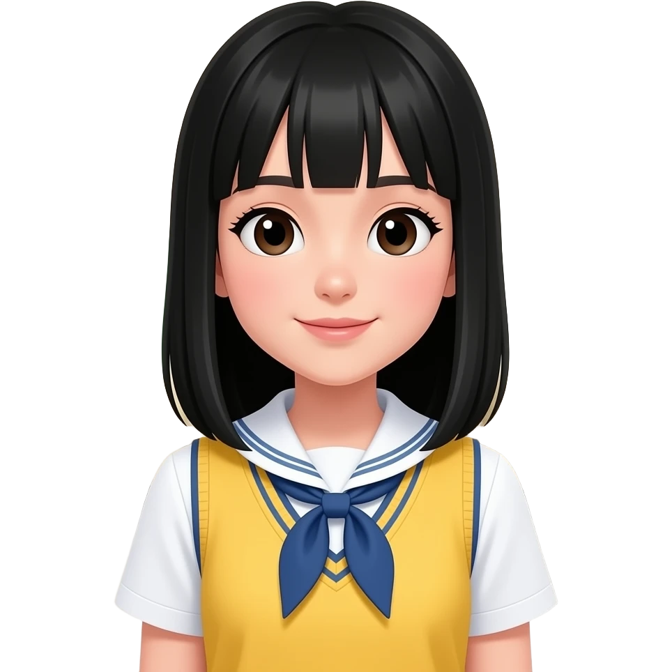 Yellow , black straight hair tall girl in uniform no bangs in school emoji