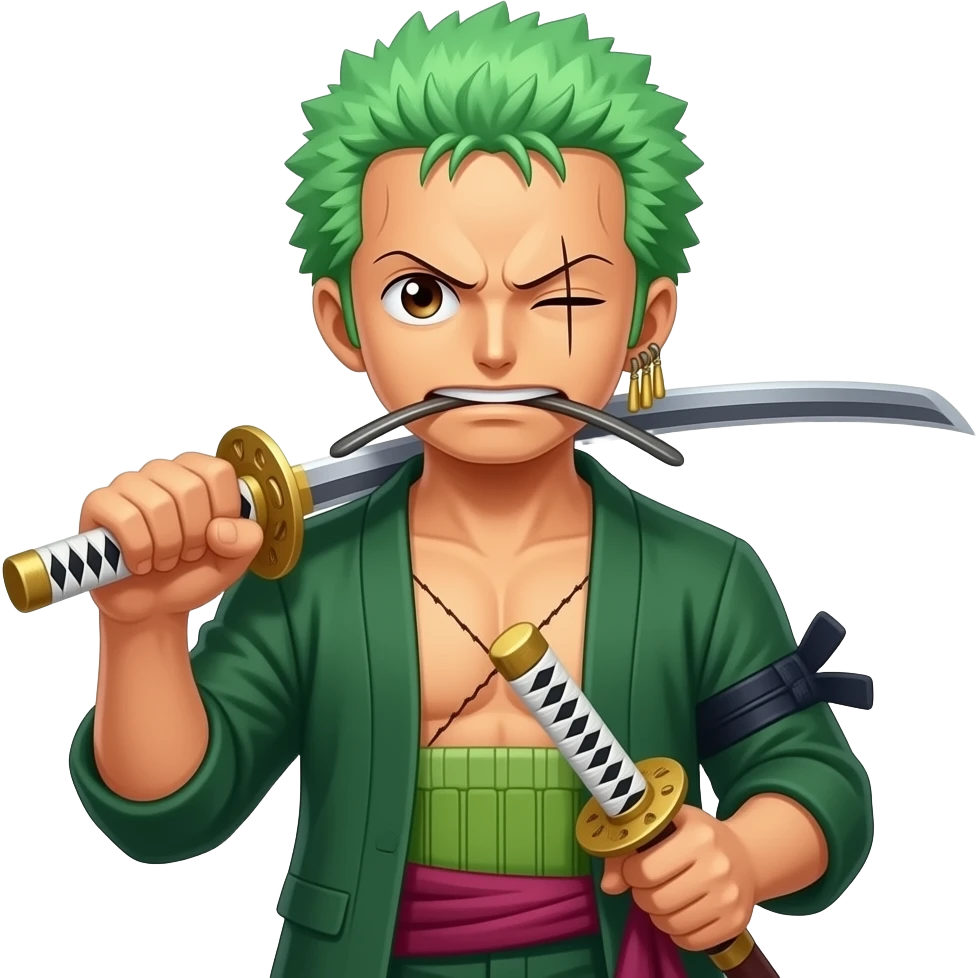 Zoro three katana 1 in mouth ,1 in left hand and 1 in right hand emoji