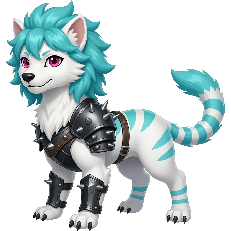 White badass elegant wild beautiful natural cute badass epic anthro modern albino sergal-vernid-creature with cyan mane and magenta eyes with cyan edgy stripes, full body emoji
