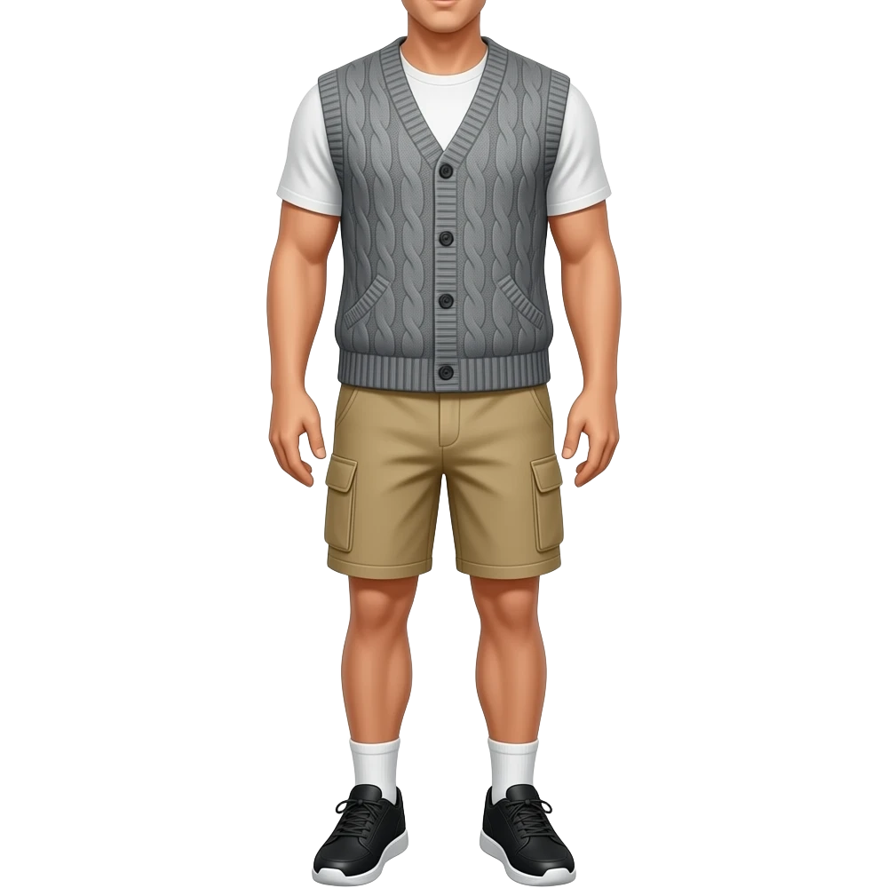 black running shoes with white socks, bare legs, beige cargo shorts and a grey open sweatervest from the waist down emoji