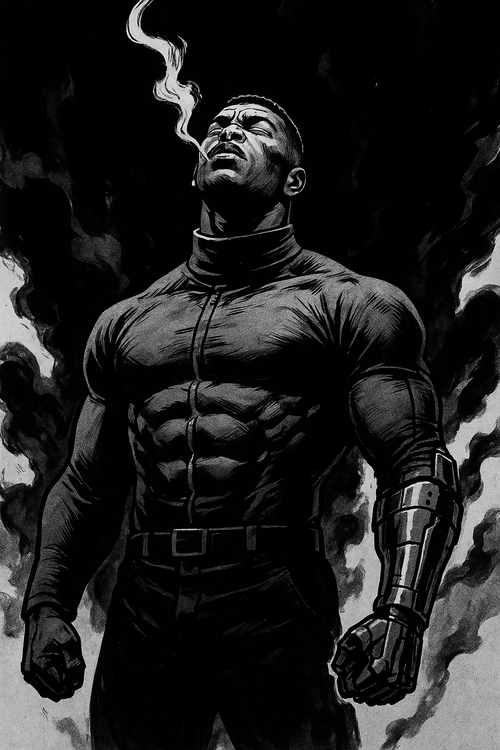 Black and white comic book panel of an extremely muscular African American man with cybernetic implants standing in the dark, surrounded by smoke. He is wearing a long-sleeved shirt with a high collar, and his chest is sculpted. emoji