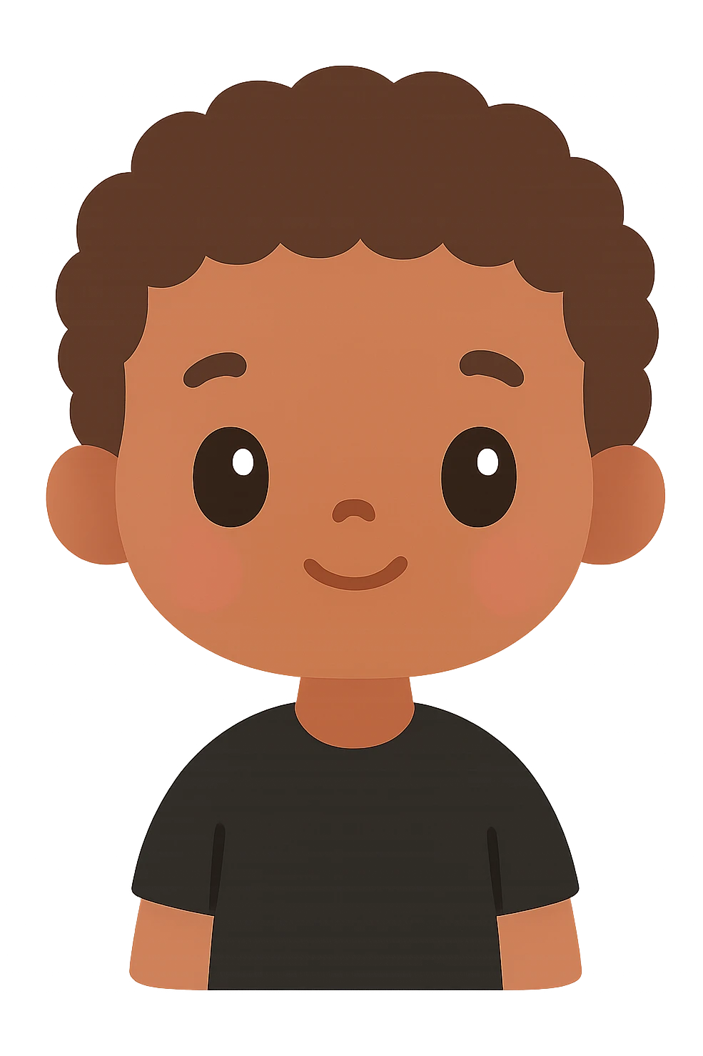 niño morenito, pelo corto y rizado, camisa negra, expresión amigable, colorful illustration style emoji