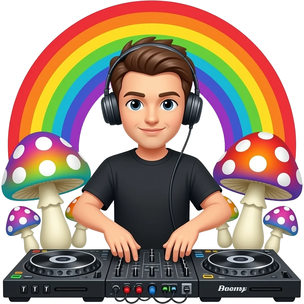 Show a DJ behind a console with psychedelic rainbow mushrooms background emoji