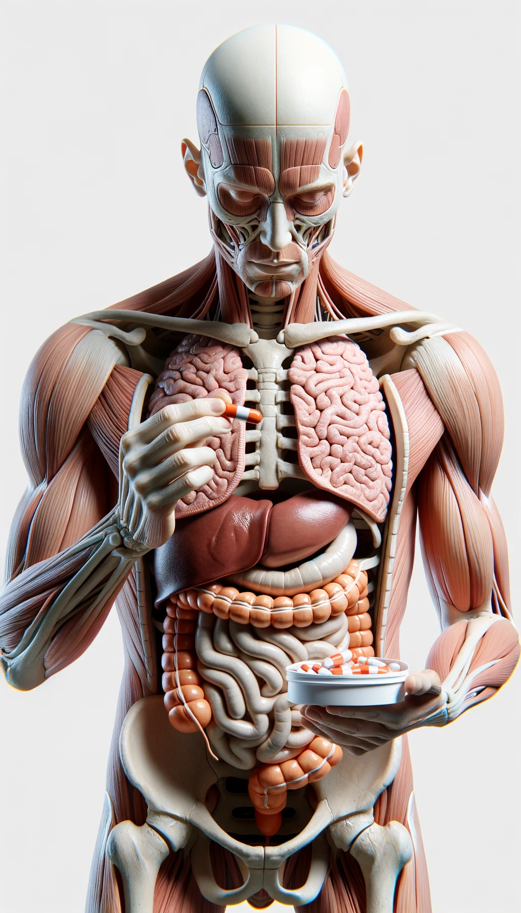 corpo umano anatomico con intestino in evidenza che prende pillole con espressione neutra in volto, iperrealistico 4k, isolato su sfondo bianco emoji