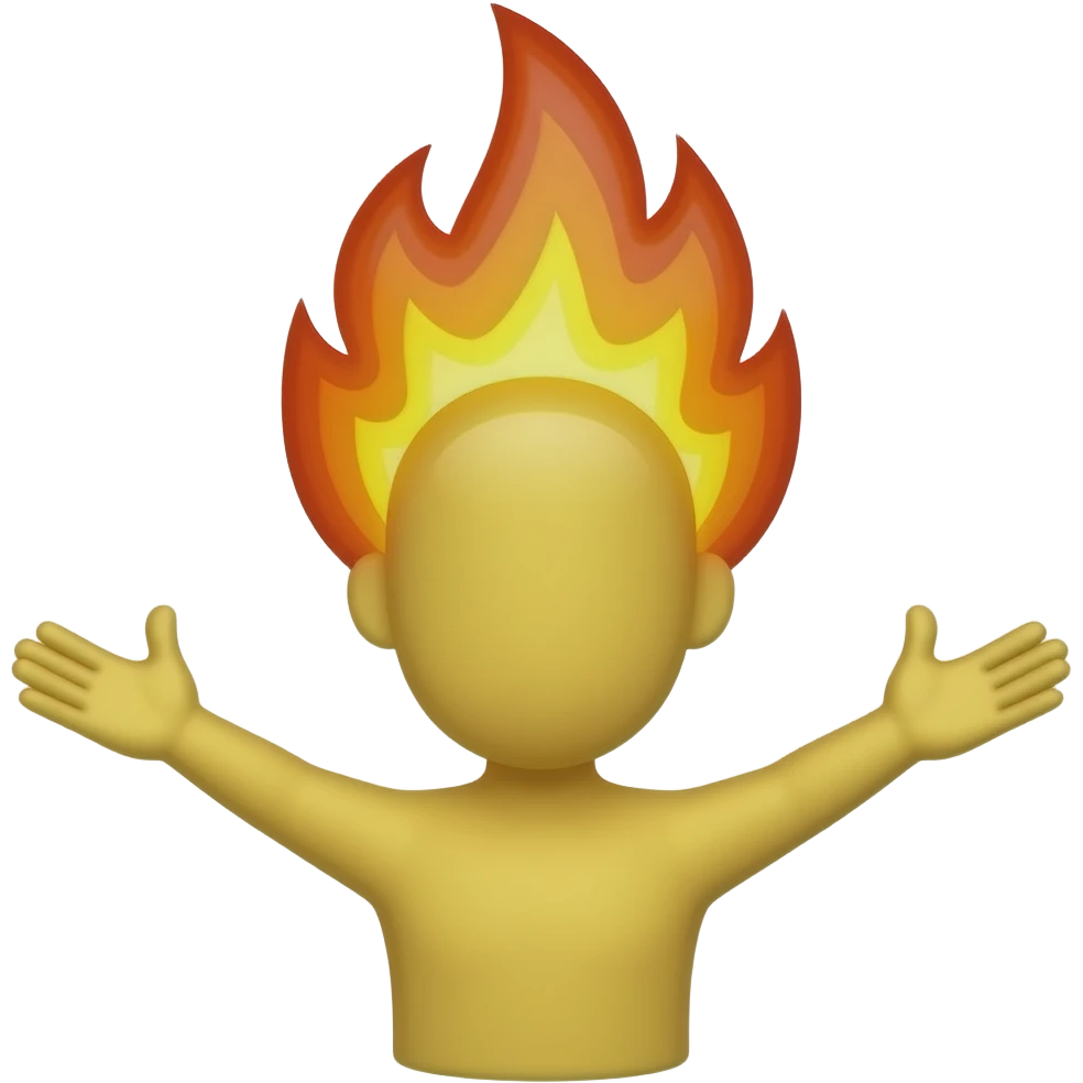 classic icon yellow-head emoji, hair on fire (yellow to dark-oange flames) hands spread out to each side, from behind emoji