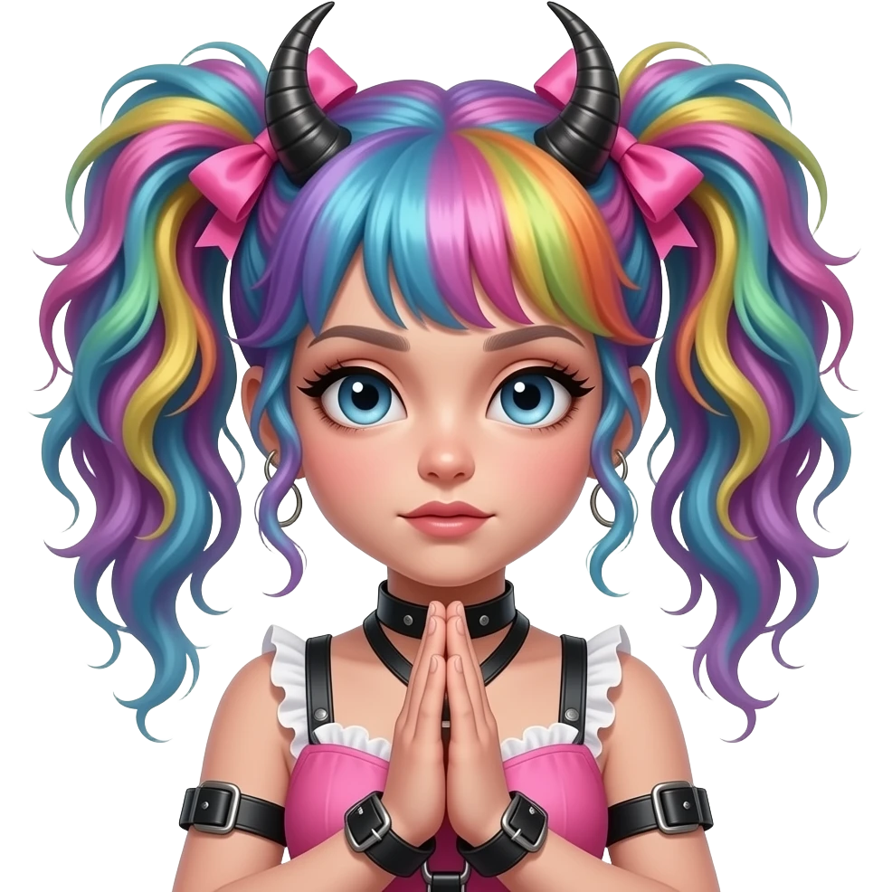 Baphomet babe freak with messy, frazzled, washed-out rainbow dyed loose space buns with frilly girly pink hair bows and bondage restraints saying a satanic prayer to her lord and daddy Lucifer emoji